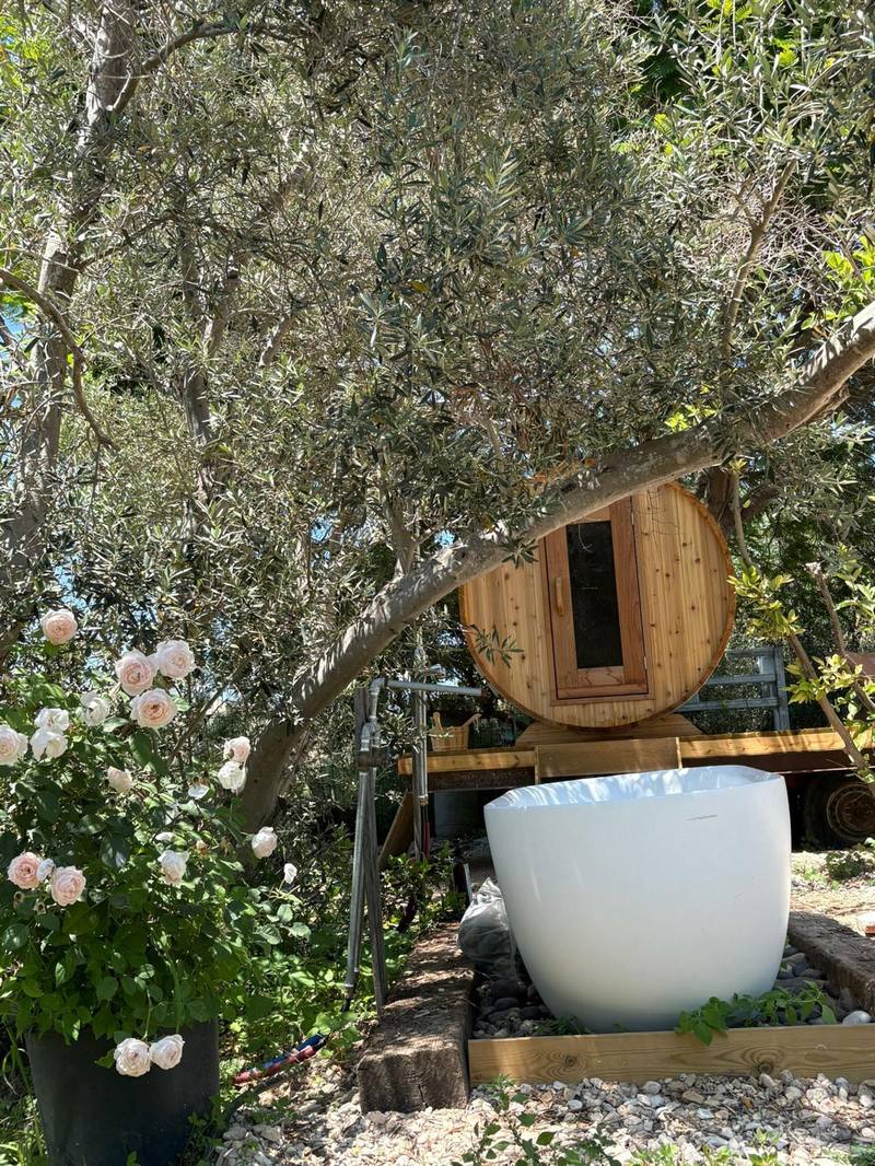 Outdoor bath beside a flowering rose bush